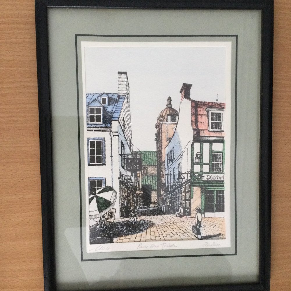 Framed etching print Ru Du Tresor Quebec street scene pencil signed